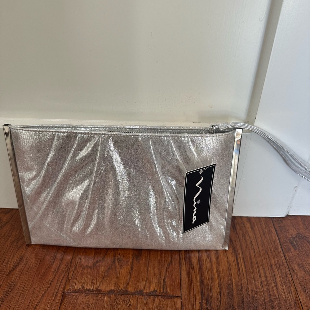 Nina Shimmering Silver Wristlet Clutch